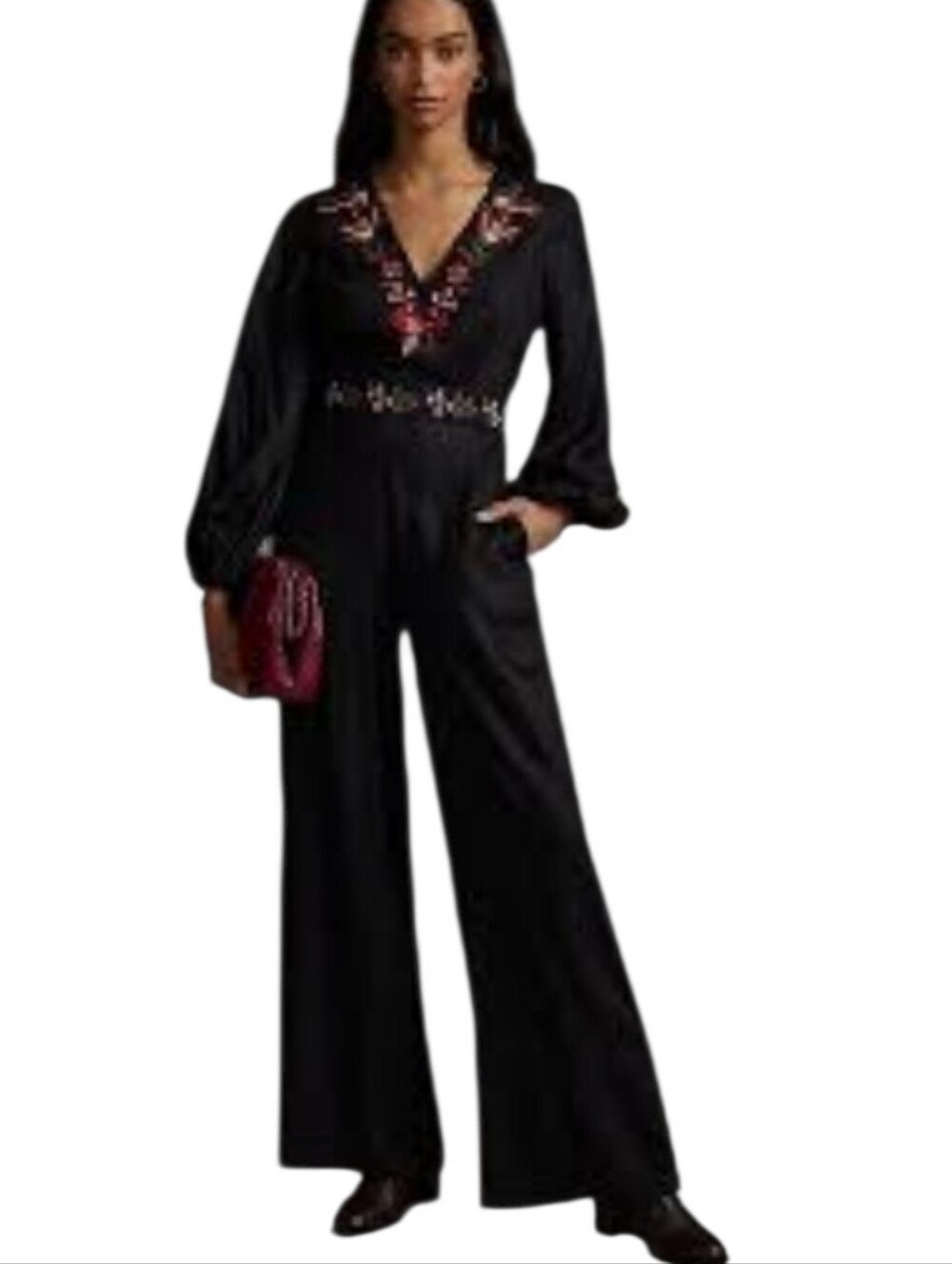 Farm Rio Anthropologie Black V-Neck Embroidered Wide-Leg Jumpsuit Size XXS